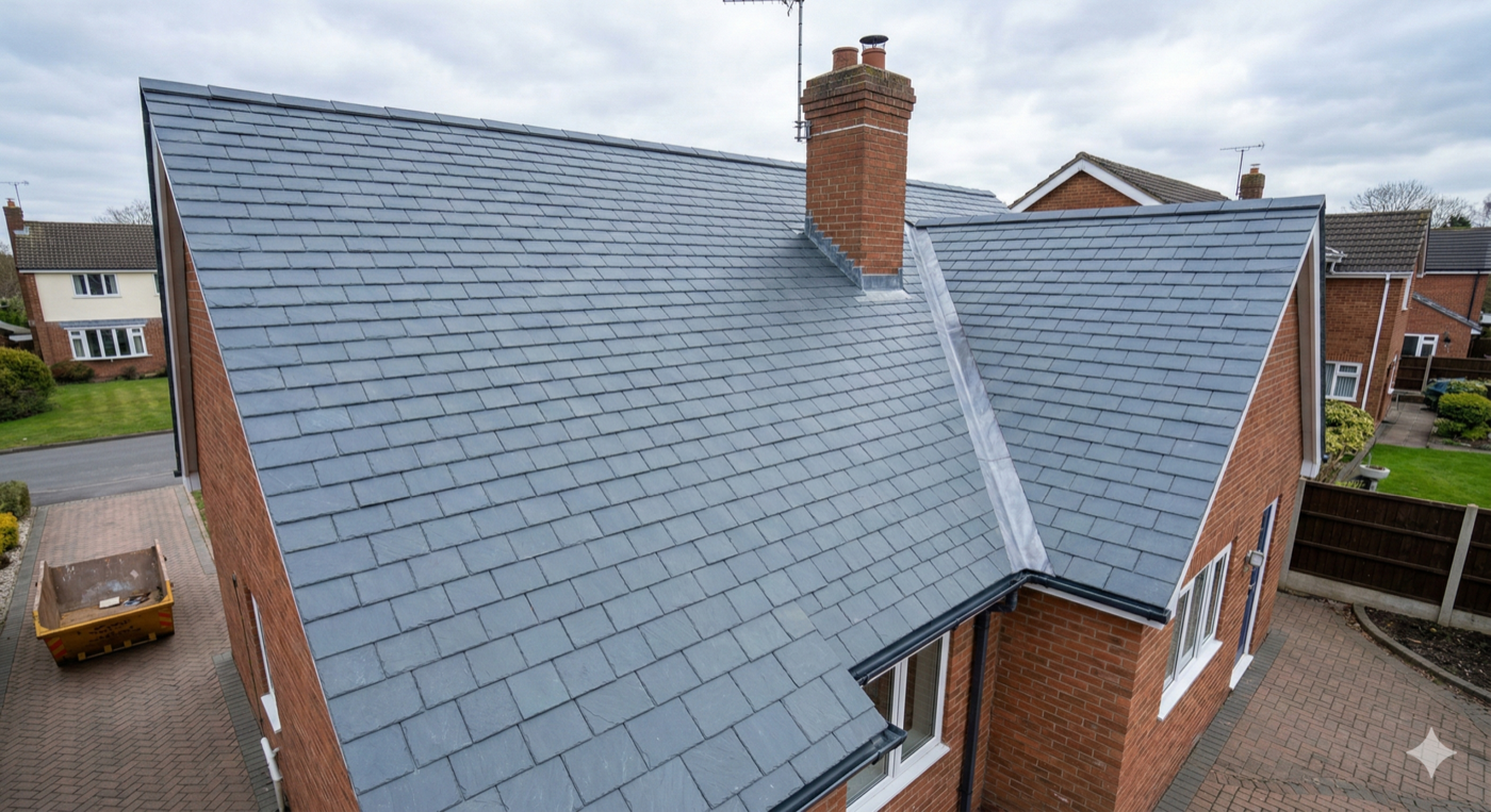 Completed natural slate roof replacement on detached house — Warwickshire